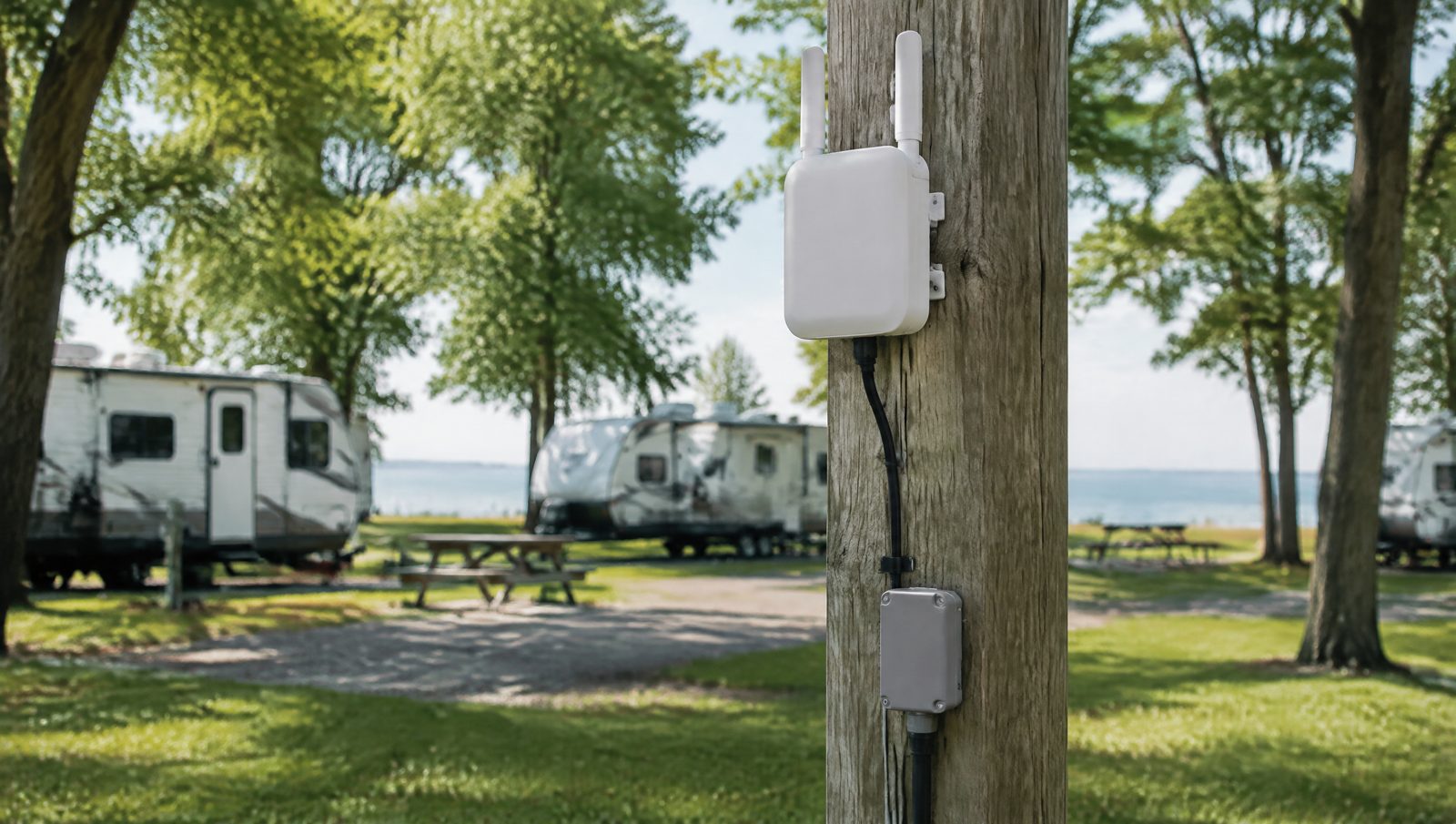 Outdoor wireless access point and surge protector mounted on a wooden post at a lakeside campground with RVs in the background