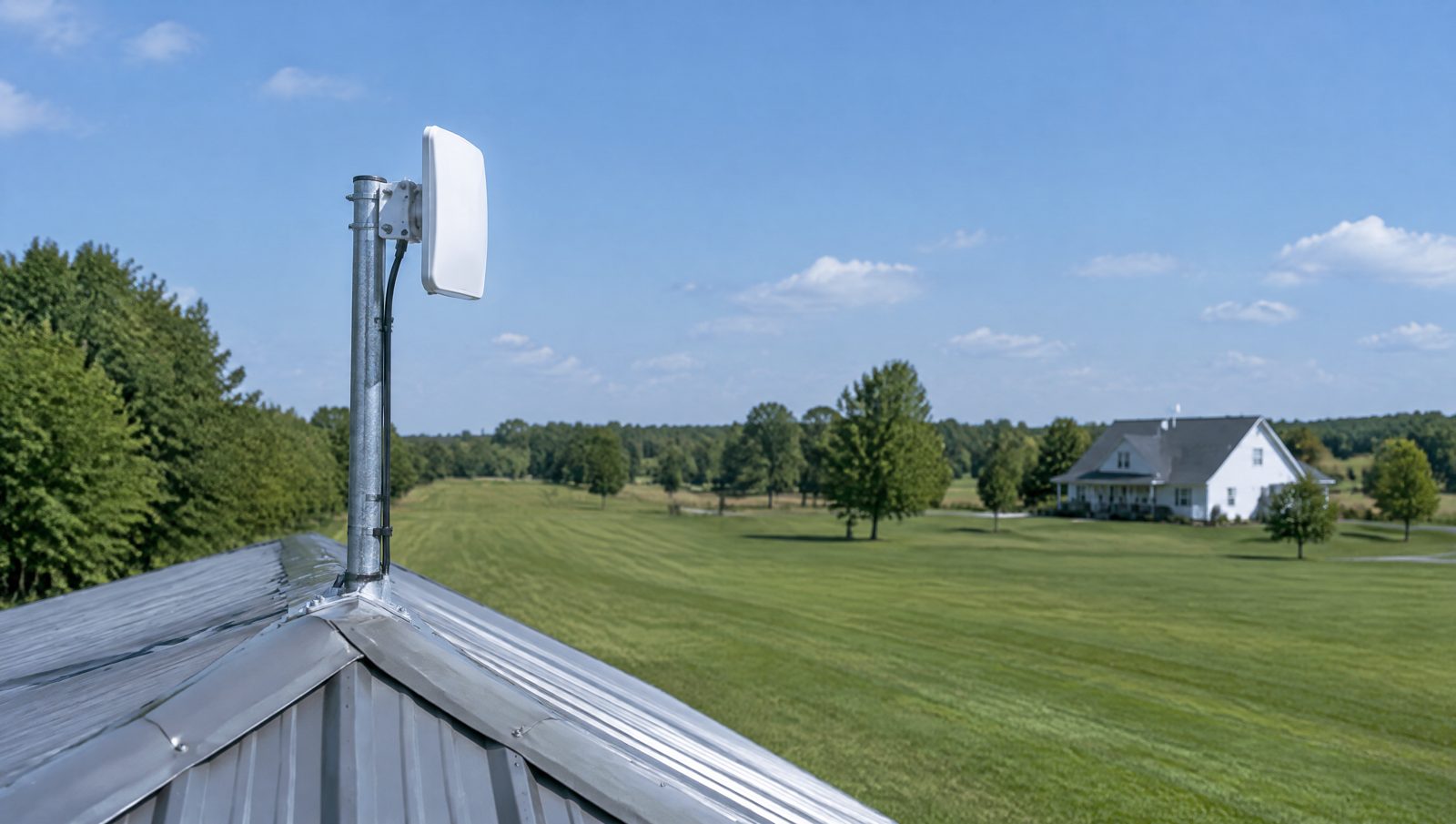 Wireless bridge antenna mounted on the peak of a pole barn aimed across a field toward another building